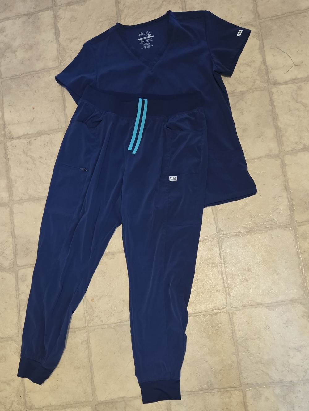 Navy Blue Scrub Set with Teal Drawstring